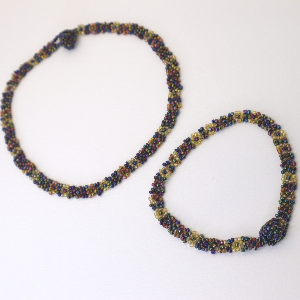 Seed Bead Woven Flower Necklace and Bracelet Set Handmade Iridescent Multicolor